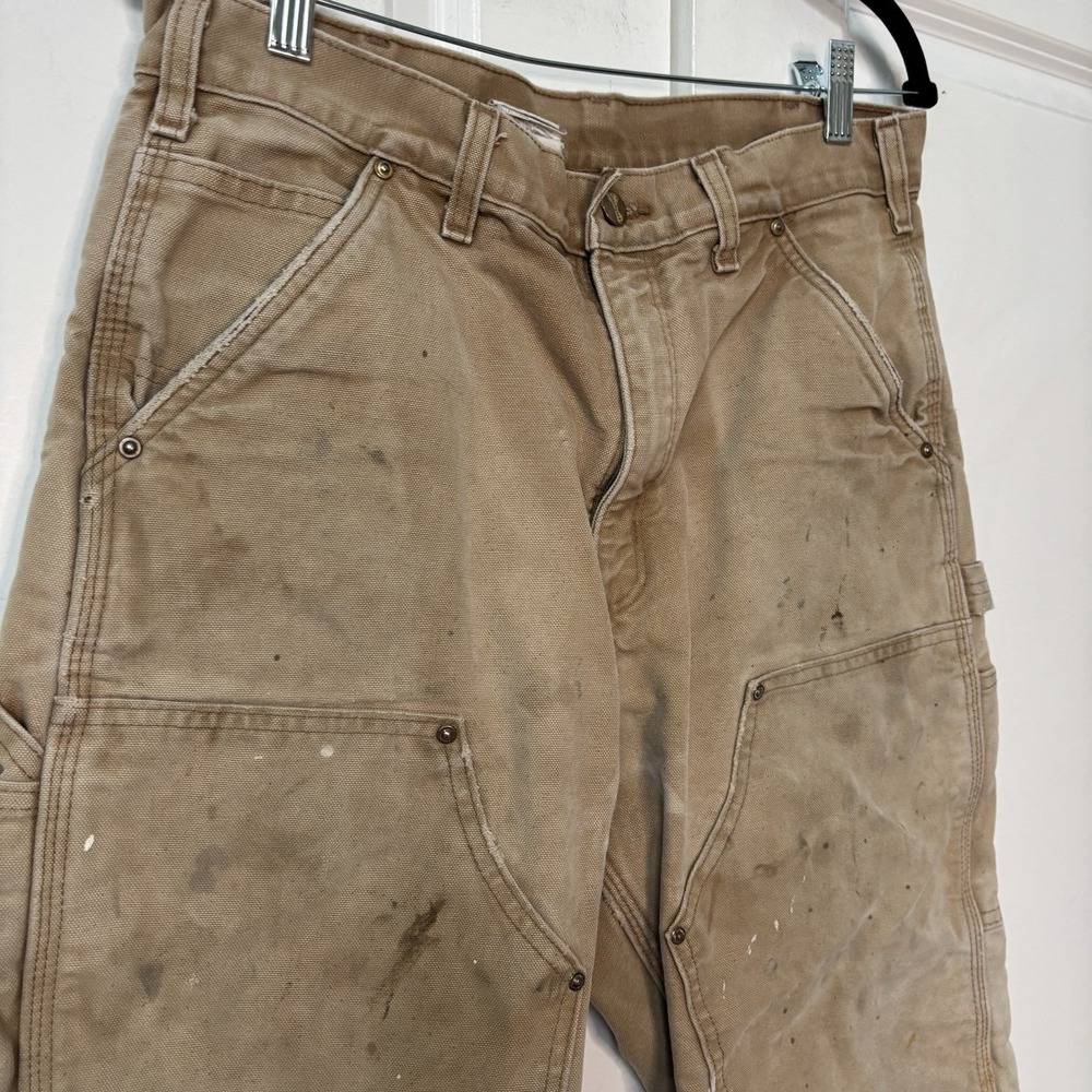 Vintage Carhartt Original Dungaree Fit Pants Mens Tan Flannel Lined Distressed - Picture 7 of 15